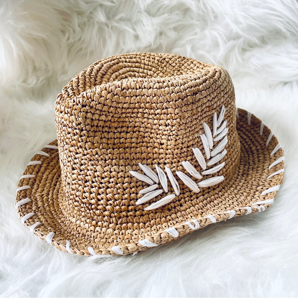Talbots Straw Fedora White Tropical Fern Leaf Design - Picture 1 of 7